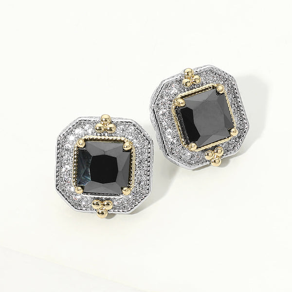 Arya - 14K Gold Plated Square Cubic Zirconia Halo Evening Stud Earrings