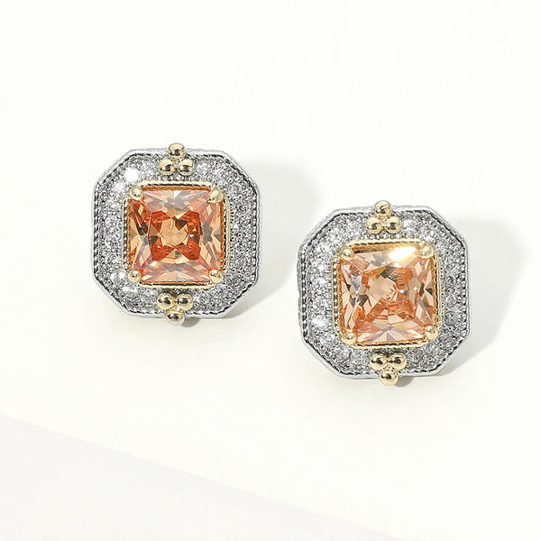 Arya - 14K Gold Plated Square Cubic Zirconia Halo Evening Stud Earrings