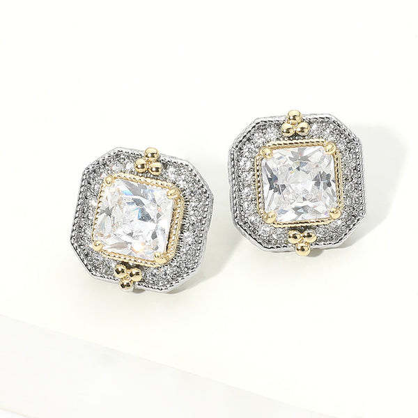 Arya - 14K Gold Plated Square Cubic Zirconia Halo Evening Stud Earrings
