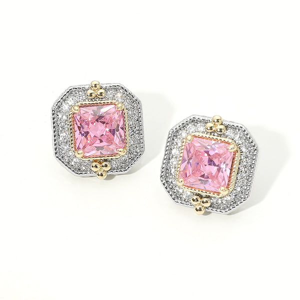 Arya - 14K Gold Plated Square Cubic Zirconia Halo Evening Stud Earrings