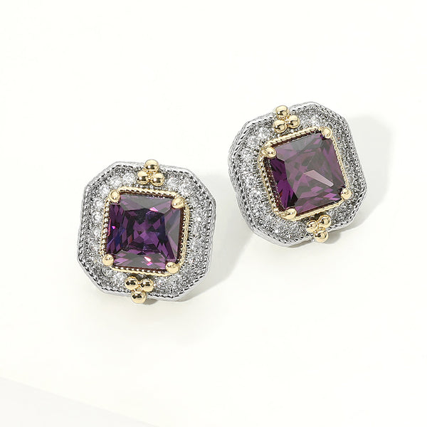 Arya - 14K Gold Plated Square Cubic Zirconia Halo Evening Stud Earrings