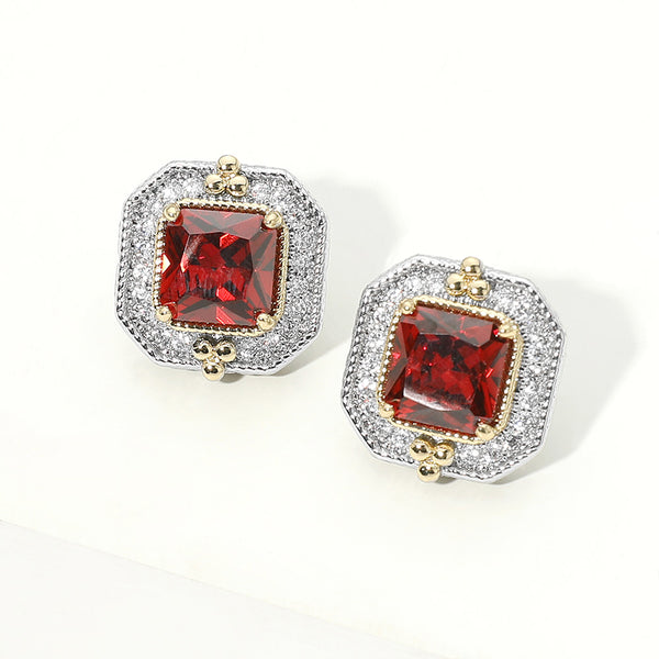 Arya - 14K Gold Plated Square Cubic Zirconia Halo Evening Stud Earrings