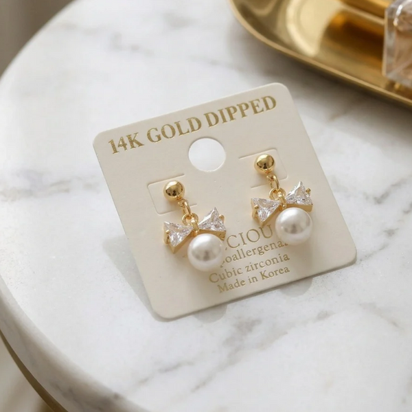 Dream - 14K Gold Dipped Cubic Zirconia Bow Pearl  Dangle Earrings