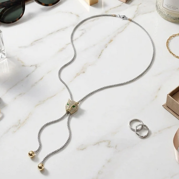Eden - 14K Gold Plated Cubic Zirconia Leopard Pendant Lariat Necklace