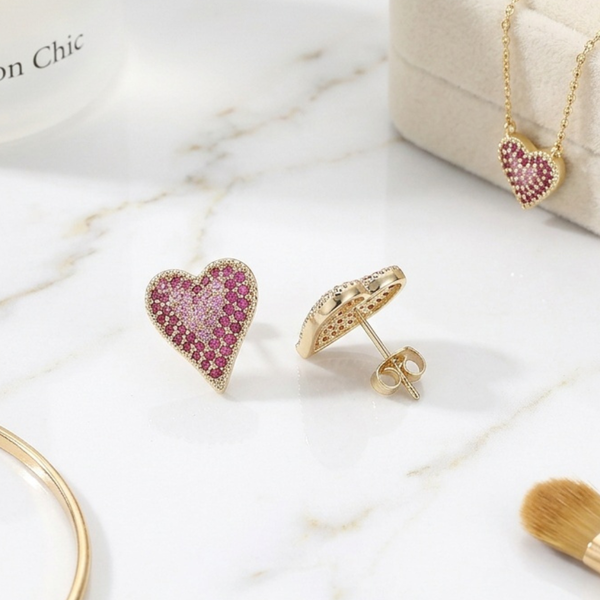 Gloria - 14K Gold Plated Cubic Zirconia Heart Stud Earrings