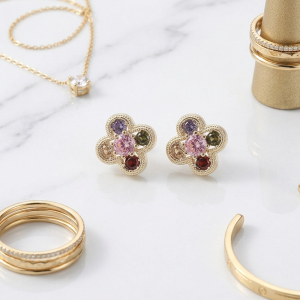 Nevis - 14K Gold Plated Cubic Zirconia Quatrefoil Stud Earrings