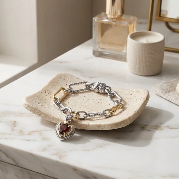 Aster - 14K Gold Plated Two Tone Cubic Zirconia Heart Charm Magnetic Bracelet