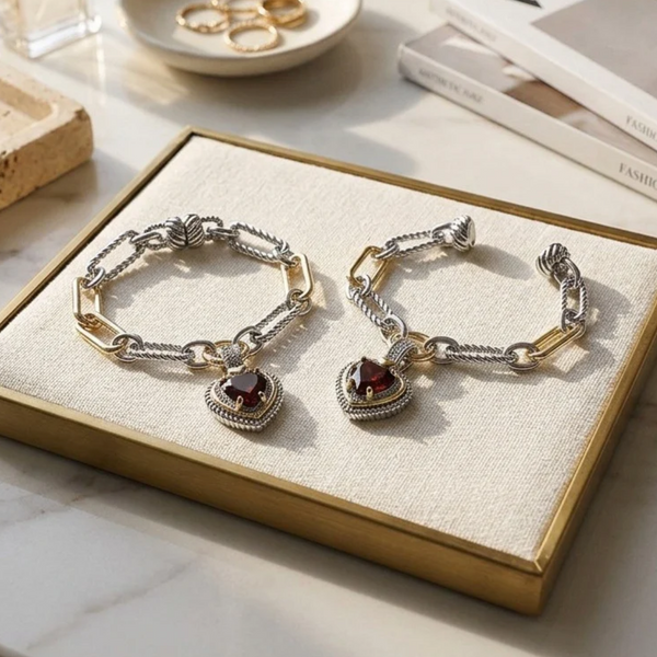 Aster - 14K Gold Plated Two Tone Cubic Zirconia Heart Charm Magnetic Bracelet