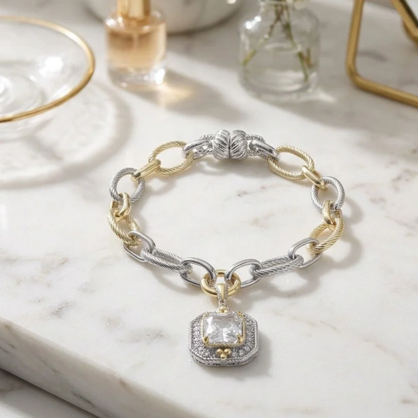 Dawn - 14K Gold Plated Two Tone Cubic Zirconia Magnetic Bracelet