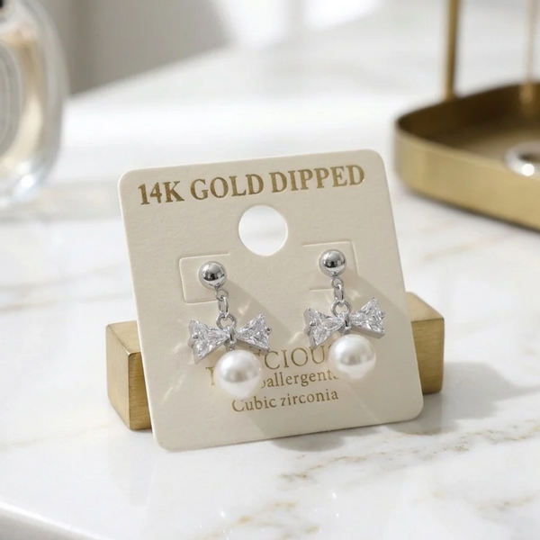 Dream - 14K Gold Dipped Cubic Zirconia Bow Pearl  Dangle Earrings