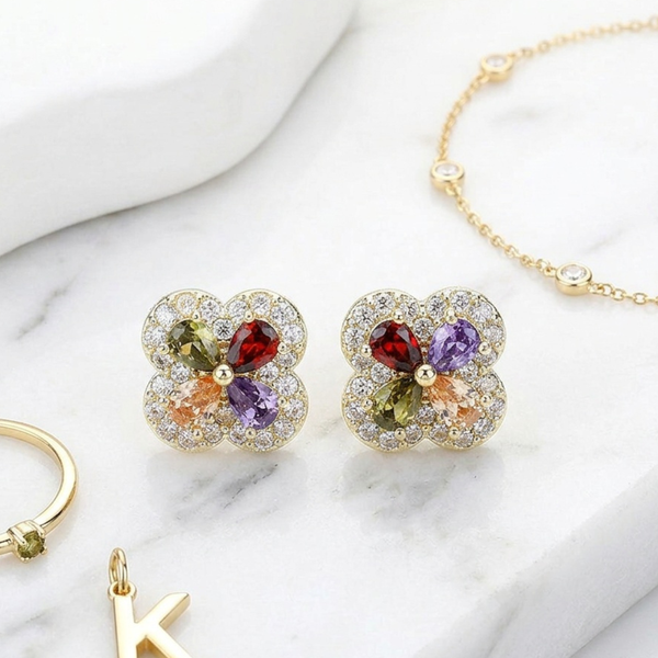 Charlotte - 14K Gold Plated Cubic Zirconia Quatrefoil Stud Earrings