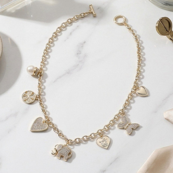 Alanna - 14K Gold Plated Cubic Zirconia Multi Charm Station Necklace