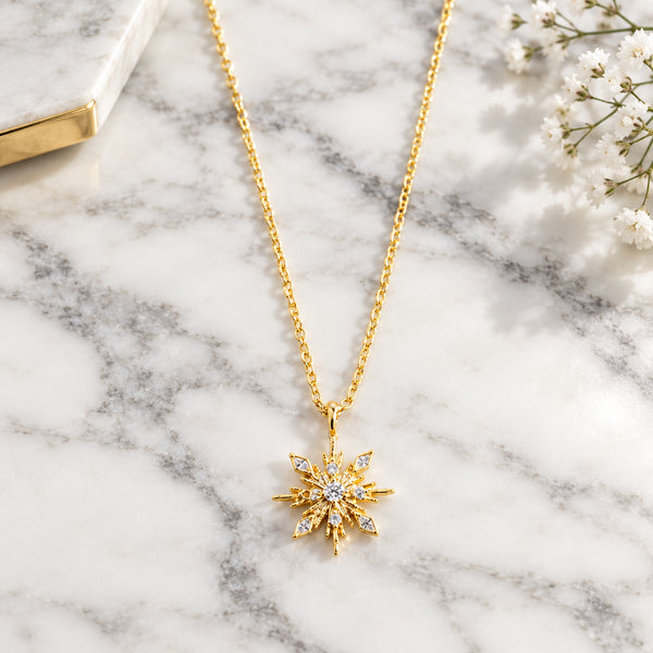 Katana - 18K Gold Dipped Rhinestone Embellished Snowflake Pendant Necklace