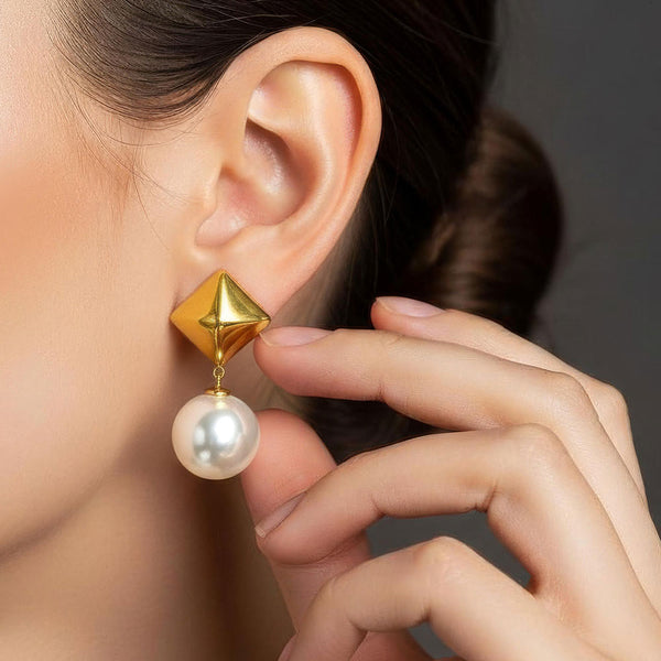 Olea - 18K Gold Dipped Geometric Square Pearl Drop Earrings