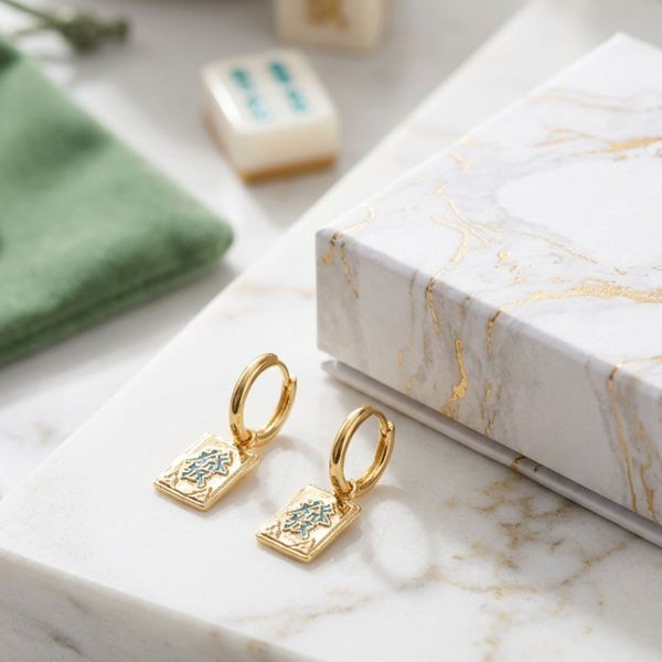 Peregrine - 18K Gold Dipped Mahjong Tile Charm Drop Huggie Hoop Earrings