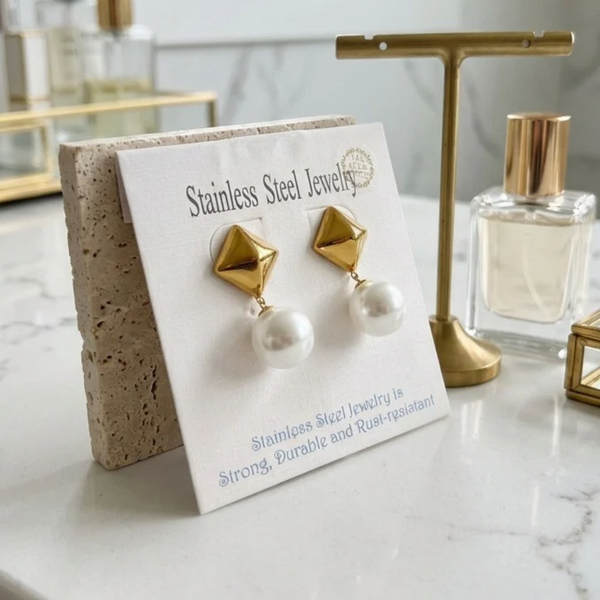 Olea - 18K Gold Dipped Geometric Square Pearl Drop Earrings