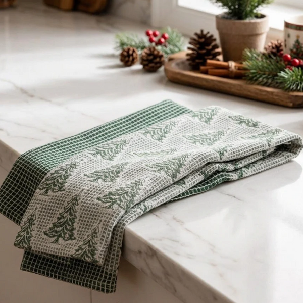 Aliana - 2 PCS Christmas Tree Pattern Waffle Kitchen Towel Set