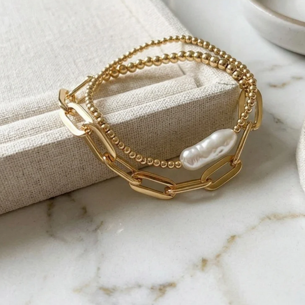 Mika - 2 PCS Pearl Paperclip Beaded Stretchable Multi Layered Bracelets