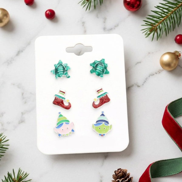 Lana - 3 Pairs Christmas Gift Bow, Glittered Elf, Stud Earrings