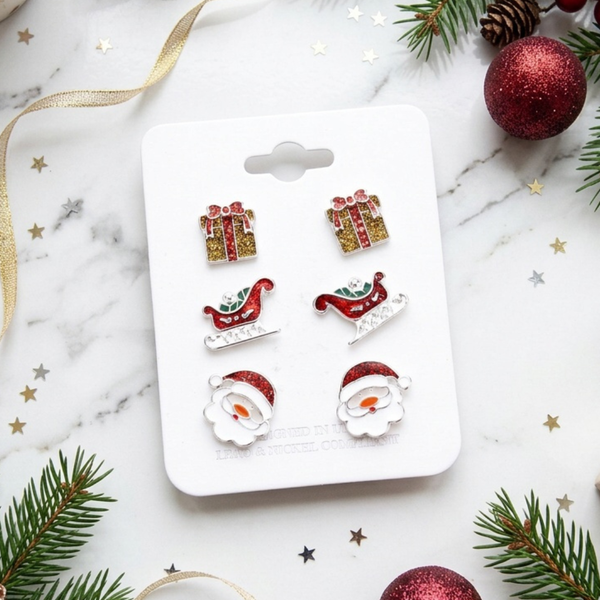 Keira - 3 Pairs Glittered Holiday Stud Earrings