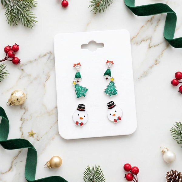 Lana - Glittered Jingle Bell, Christmas Tree, Snowman Stud Earrings