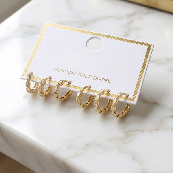 Luciana - 3 Pairs Genuine Gold Dipped Marquise Stone Huggie Hoop Earrings