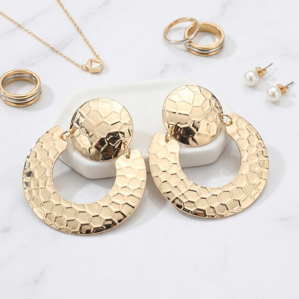 Amira - Bold Hammered Metal Round Drop Statement Earrings