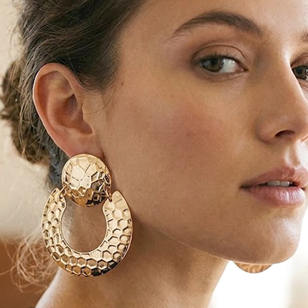 Amira - Bold Hammered Metal Round Drop Statement Earrings
