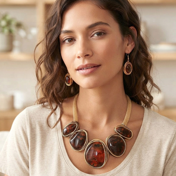 Alanna - Bold Wire Wrapped Marbled Resin Statement Necklace Set