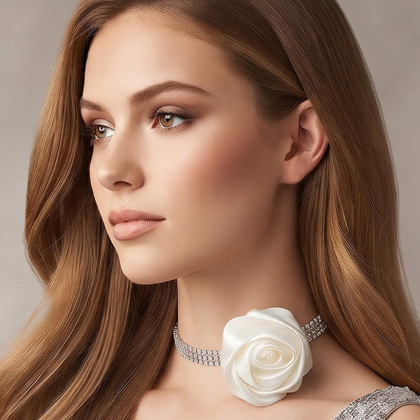 Addison - Satin Rose Rhinestone Choker Necklace