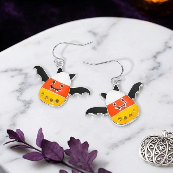 Mika - Candy Corn Bat Charm Drop Dangle Earrings