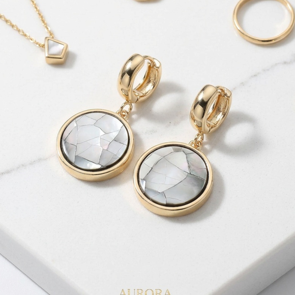 Winslet  - Abalone and Mother of Pearl Round Charm Drop Hoop Earrings