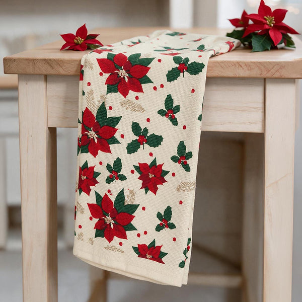Ellie - 2 PCS Christmas Poinsettia and Holly Pattern Print Kitchen Towel