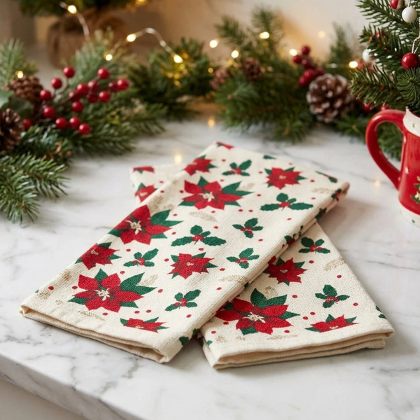 Ellie - 2 PCS Christmas Poinsettia and Holly Pattern Print Kitchen Towel
