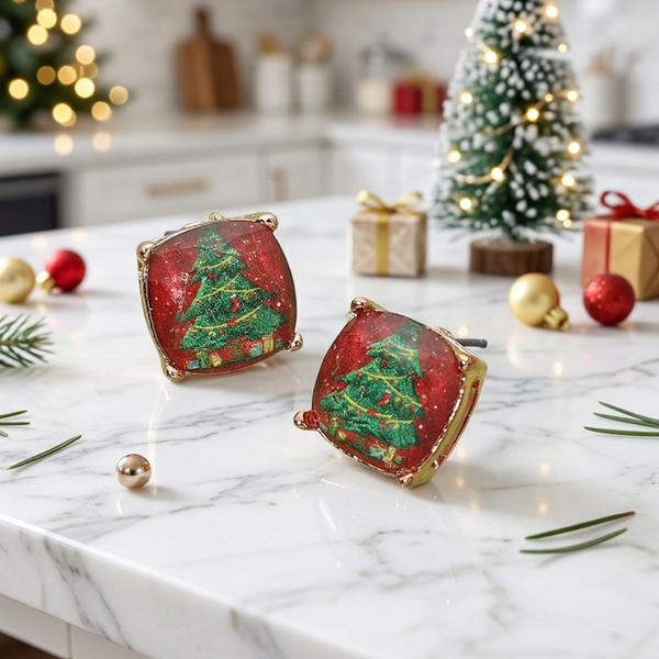 Ada - Christmas Tree Cushion Square Stud Earrings