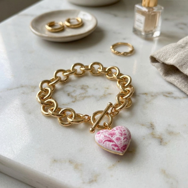 Hadley - Floral Heart Charm Link Chain Toggle Bracelet