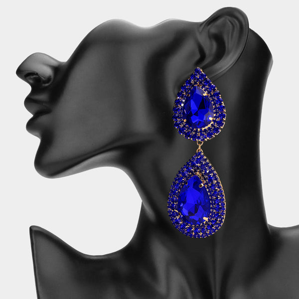 Uma - Double Teardrop Stone Link Dangle  Earrings