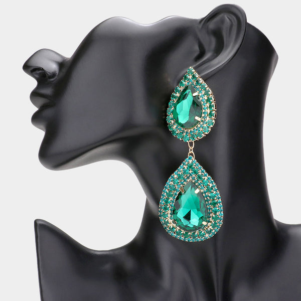 Uma - Double Teardrop Stone Link Dangle  Earrings