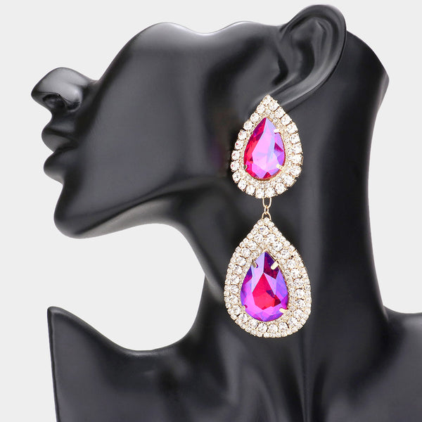 Uma - Double Teardrop Stone Link Dangle  Earrings