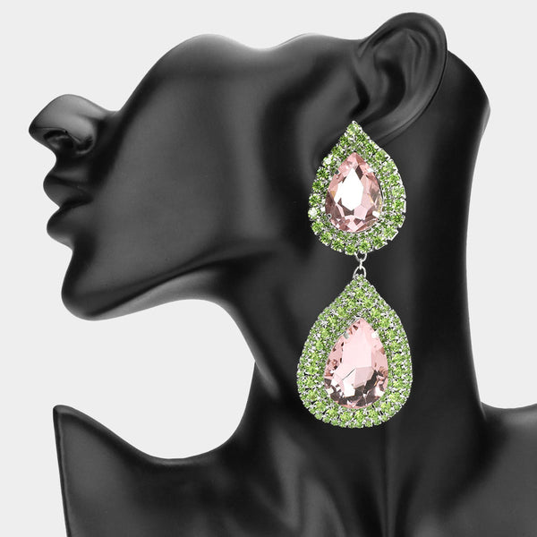 Uma - Double Teardrop Stone Link Dangle  Earrings