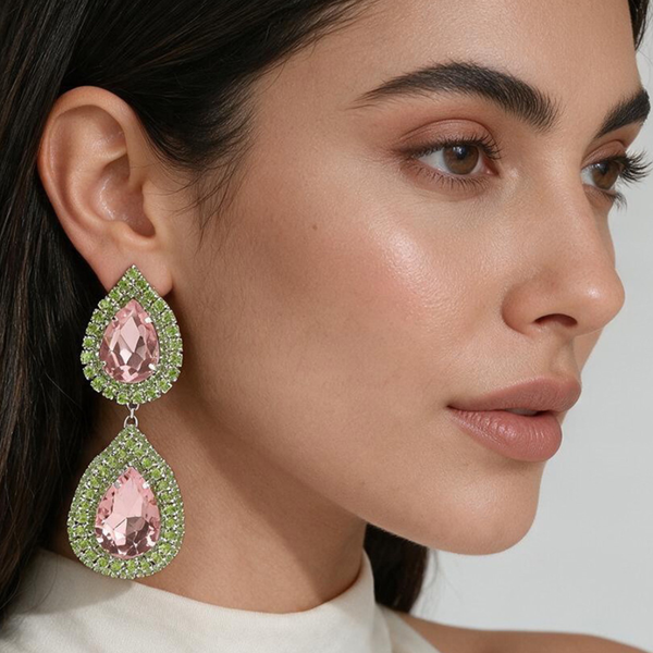 Uma - Double Teardrop Stone Link Dangle  Earrings