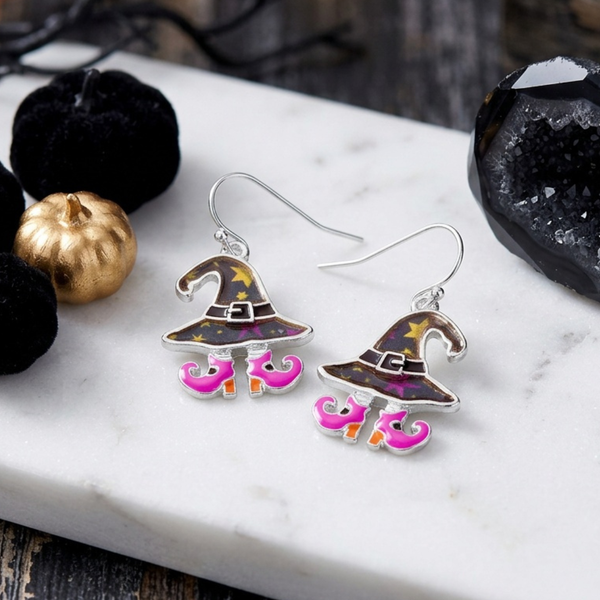 Perla - Enamel Halloween Witch Hat Boots Dangle Earrings