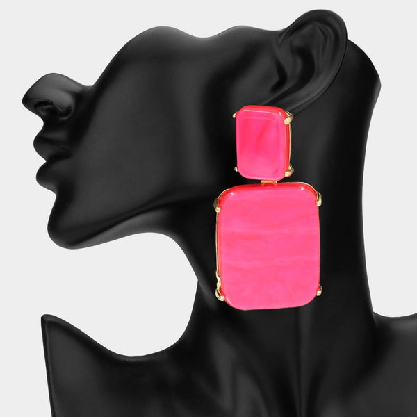 Beeba - Marbled Resin Rectangle Drop Statement Earrings