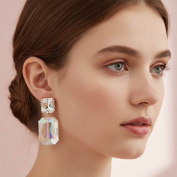 Evalina - Gold Dipped Rectangular Gem Drop Earrings