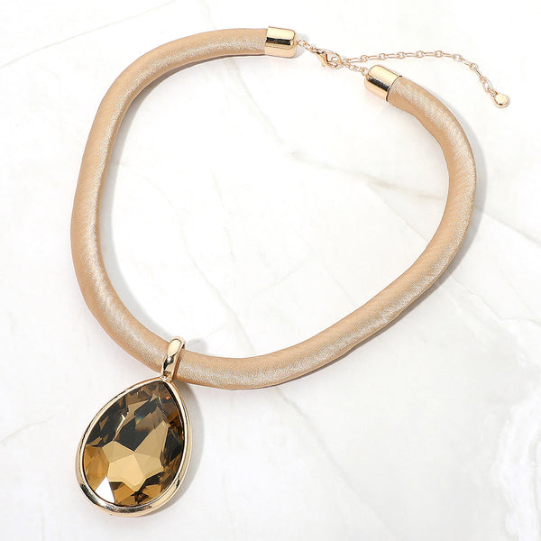 Bille - Faceted Teardrop Pendant Fabric Chunky Necklace