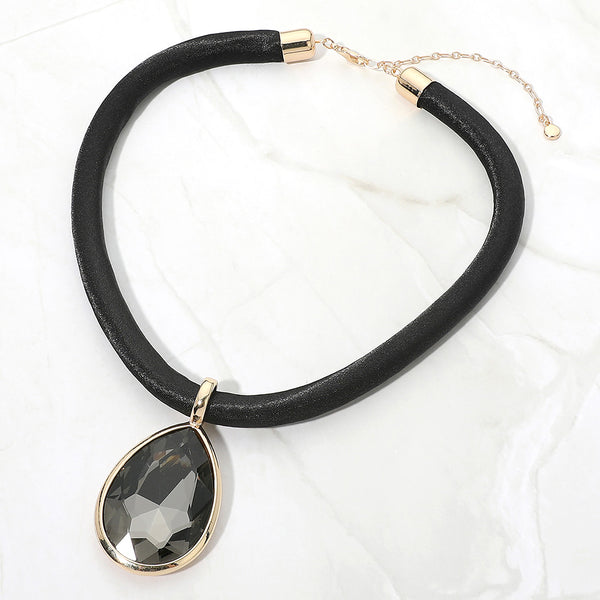 Bille - Faceted Teardrop Pendant Fabric Chunky Necklace
