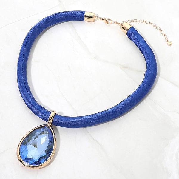 Bille - Faceted Teardrop Pendant Fabric Chunky Necklace