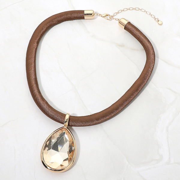 Bille - Faceted Teardrop Pendant Fabric Chunky Necklace