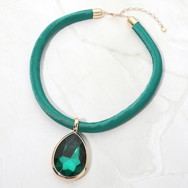 Bille - Faceted Teardrop Pendant Fabric Chunky Necklace