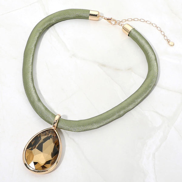 Bille - Faceted Teardrop Pendant Fabric Chunky Necklace